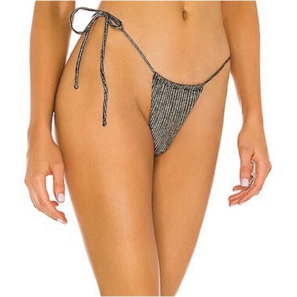 Monica Hansen Beachwear St Tropez String Tie Bikini Bottom Black Gold Stripe Nwt